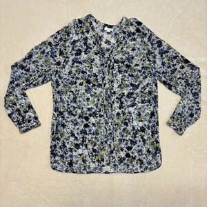 J‎ Jill Womens Floral Blouse Long Sleeve Button Down Blue Yellow Size XL